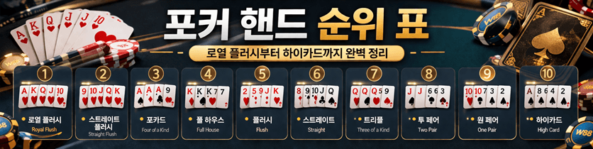 포커 핸드 순위 표 - 로열 플러시부터 하이카드까지 완벽 정리